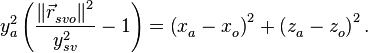 y_{a}^{2}\left( \frac{\left\| \vec{r}_{svo}^{{}} \right\|_{{}}^{2}}{y_{sv}^{2}}-1 \right)=\left( x_{a}^{{}}-x_{o}^{{}} \right)_{{}}^{2}+\left( z_{a}^{{}}-z_{o}^{{}} \right)_{{}}^{2}.