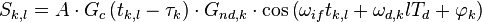 S_{k,l}=A\cdot G_{c}\left( t_{k,l}-\tau _{k} \right)\cdot G_{nd,k}\cdot \cos \left( \omega _{if}t_{k,l}+\omega _{d,k}lT_{d}+\varphi _{k} \right)